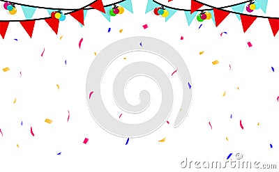 Confetti, flag and fancy balls decoration, paper scatter celebration festival poster holiday party abstract background vector Vector Illustration