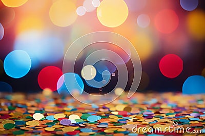 Confetti in front of colorful background with bokeh for carnival. Generative AI Cartoon Illustration