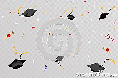 Confetti graduation hats fly in sky poster graduation caps scrolls transparent background flat design vector Vector Illustration