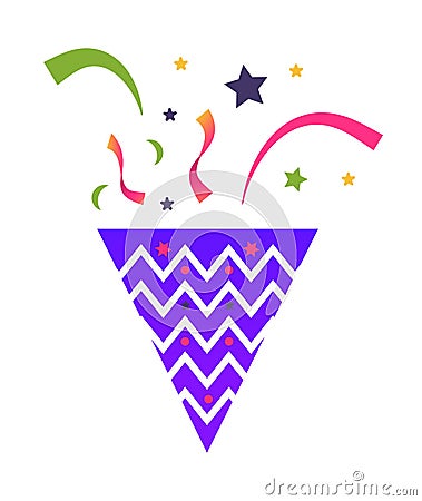 Confetti party popper, birthday exploding party with star, ribbons, striped paper. Vector Illustration