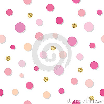 Confetti polka dot seamless pattern background. Golden glitter and pink trendy colors. For birthday, valentine and Vector Illustration