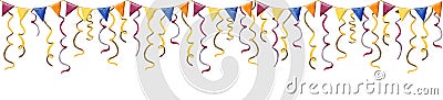 Confetti ribbons garland with colorful festive flags, horizontal banner for birthday, Purim, Mardi Gras designs Cartoon Illustration