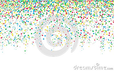 Confetti round. Color glitter pieces on white backdrop. Greeting card template with colorful elements. Falling festive Cartoon Illustration