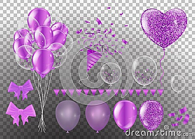 Confetti and set purple ribbons. illustration bunch of Birthday Vector Illustration