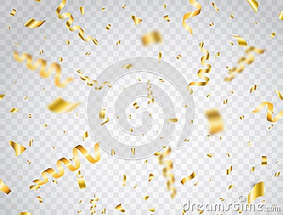Confetti on transparent background. Falling shiny gold confetti. Bright golden festive tinsel. Birthday decoration Vector Illustration