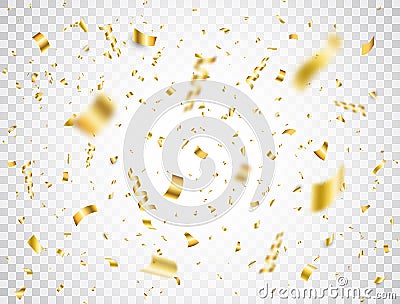 Confetti on transparent background. Falling shiny gold confetti. Bright golden festive tinsel. Party backdrop. Holiday Vector Illustration