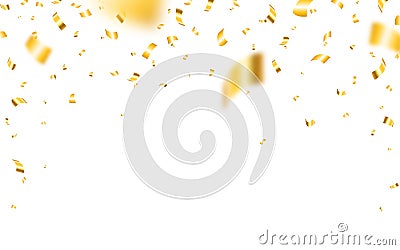 Confetti on white background. Realistic Christmas confetti. Falling yellow elements. Flying shiny tinsel. Anniversary Vector Illustration