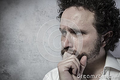 Confidence, decisionmaking, man in white shirt with funny expressions Stock Photo