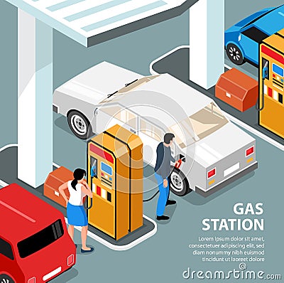 Confidence gas station isometric poster customers looking at gasoline pump and filling up fuel into car vector Vector Illustration