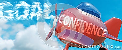 Confidence helps achieve a goal - pictured as word Confidence in clouds, to symbolize that Confidence can help achieving goal in Cartoon Illustration