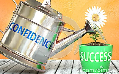 Confidence helps achieving success - pictured as word Confidence on a watering can to symbolize that Confidence makes success grow Cartoon Illustration