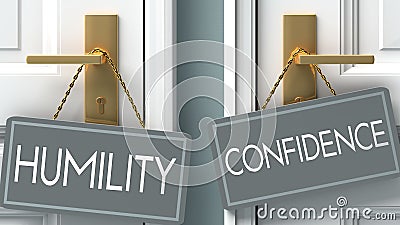 Confidence or humility as a choice in life - pictured as words humility, confidence on doors to show that humility and confidence Cartoon Illustration