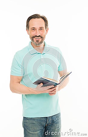 Confidence and intelligence. Never too late study. Man mature bearded hold book isolated white background. Useful Stock Photo