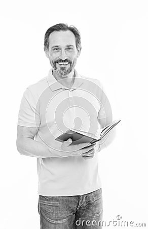 Confidence and intelligence. Never too late study. Man mature bearded hold book isolated white background. Useful Stock Photo