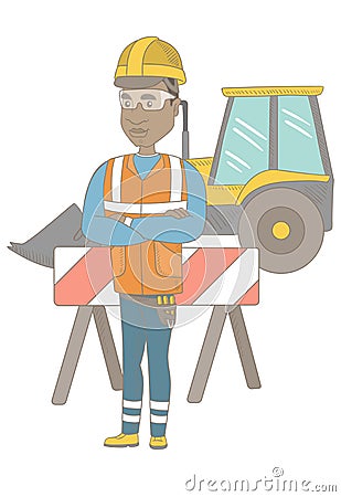 Confident african builder with arms crossed. Vector Illustration