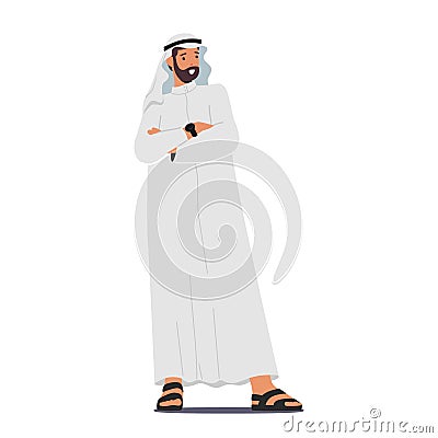 Confident Arab Muslim Businessman Character Stands Tall, Exuding Self-assuredness, Dressed In Traditional Attire Vector Illustration