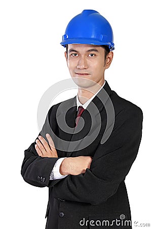 Confident Asian worker in blue safety helmet and formal suit, isolated on white Stock Photo