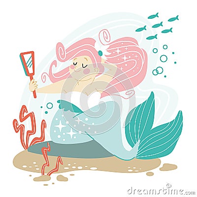 Cute cartoon body-positive mermaid female vector illustration Vector Illustration