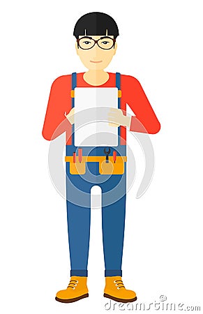 Confident builder with tablet. Vector Illustration