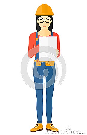 Confident builder with tablet. Vector Illustration