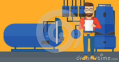 Confident builder with tablet. Vector Illustration