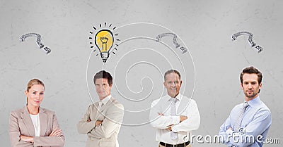 Confident business people with question mark and light bulb signs Stock Photo