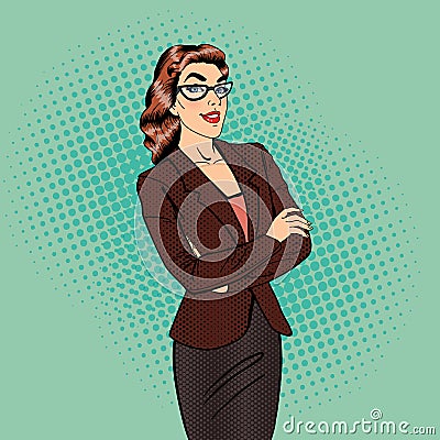 Confident Business Woman. Smiling Female Manager. Pop Art. Vector Illustration