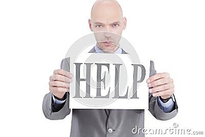 Confident businessman holding a banner with the word HELP Stock Photo