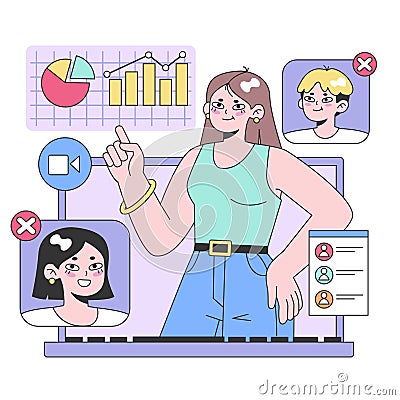 Confident businesswoman analyzes data charts. Flat vector illustration Vector Illustration