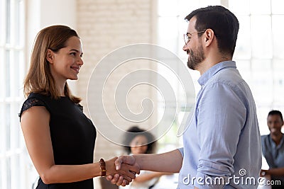 Confident businesswoman and businessman shaking hands at meeting Stock Photo