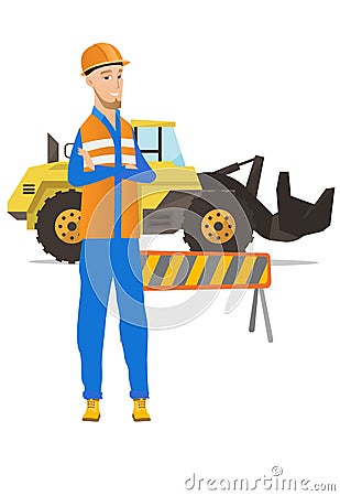 Confident caucasian builder with arms crossed. Vector Illustration