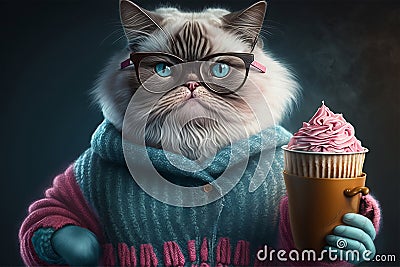 Confident chubby cat lady holding sweet coffee with yummy cream topping. Generative AI Stock Photo