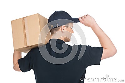 Confident deliveryman. Rear view of young deliveryman holding ca Stock Photo