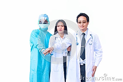 Confident doctors team holding their hands together Stock Photo