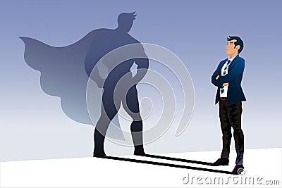 A confident, elegant young businessman standing facing the wall and Looking at his Superman shadow concept Vector Illustration
