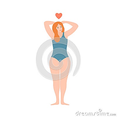 Confident girl in swimsuit smiling love yourself vector flat illustration. Cartoon bodypositive woman enjoying body care Vector Illustration