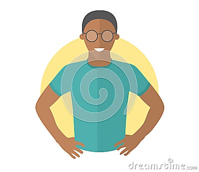 Confident handsome black man in glasses. Flat design icon. Resolute boy with arms akimbo. Simply editable isolated vector illustra Vector Illustration