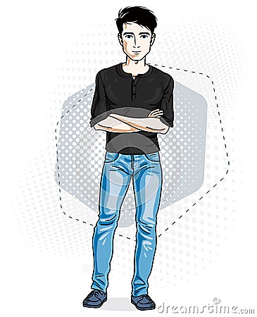 Confident handsome brunet young man standing. Vector illustration of male wearing casual clothes, jeans pants and T-shirt. Vector Illustration