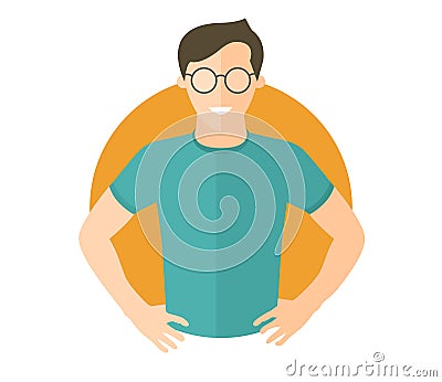 Confident handsome man in glasses. Flat design icon. Boy with arms akimbo. Simply editable isolated vector illustration Vector Illustration