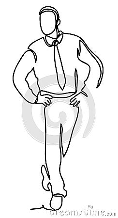 Confident handsome man in shirt and tie standing against white background. Continuous line drawing. Isolated on the white backgrou Vector Illustration