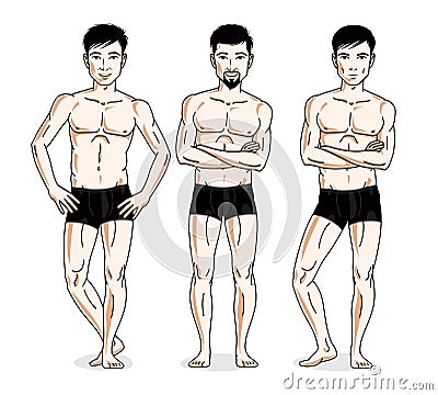 Confident handsome men group standing in black underwear. Vector Vector Illustration