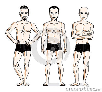 Confident handsome men group standing in black underwear. Vector Vector Illustration