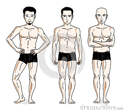 Confident handsome men group standing in black underwear. Vector Vector Illustration