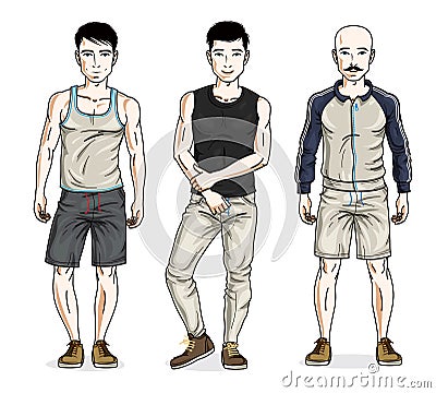 Confident handsome men group standing wearing stylish sport clot Vector Illustration