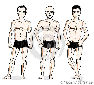 Confident handsome men posing in black underwear. Vector people Vector Illustration