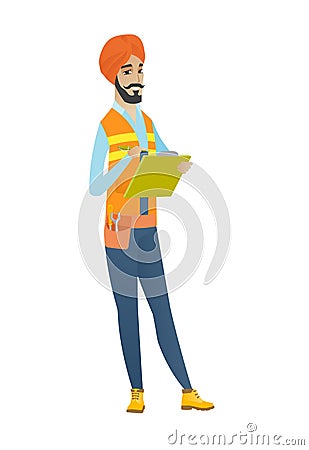 Confident hindu building inspector with clipboard. Vector Illustration