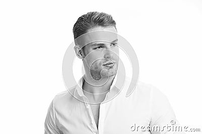 Confident in his appearance. Man bristle serious face handsome isolated white. Man beard unshaven guy looks handsome Stock Photo
