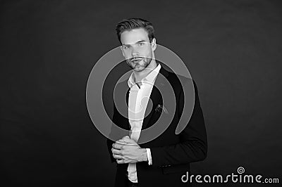 Confident in his career. Confident businessman dark background. Confident look of fashion man. Formal office style. Mens Stock Photo