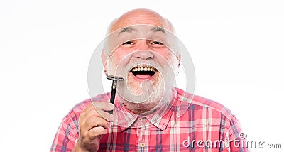 Confident in his perfect style. barbershop concept. shaving accessories. unshaven old man has moustache and beard Stock Photo