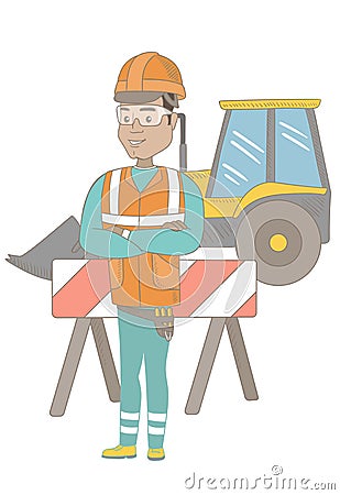 Confident hispanic builder with arms crossed. Vector Illustration